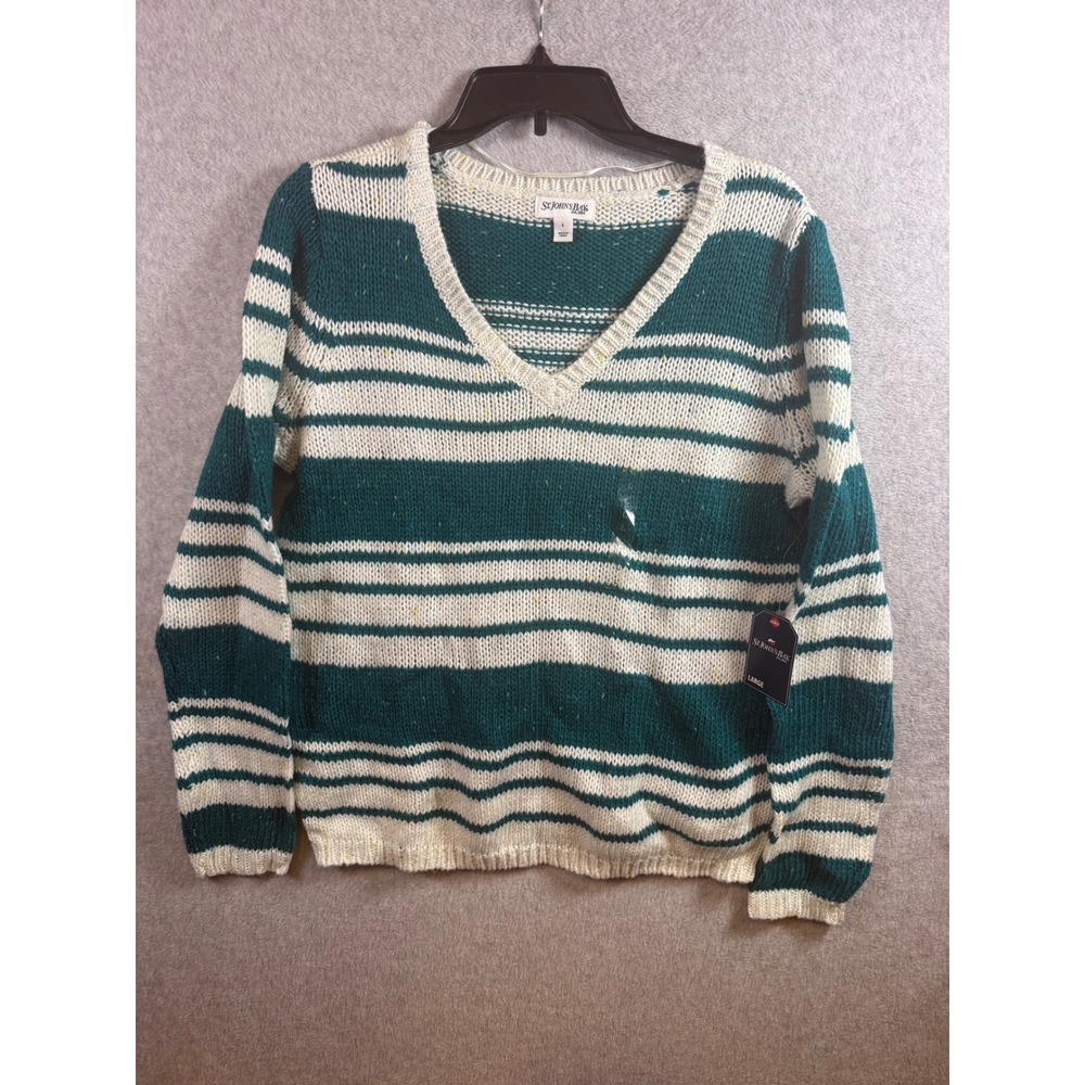 St Johns Bay Womens Large V-Neck Striped Confetti Knit Sweater Teal Green Cream